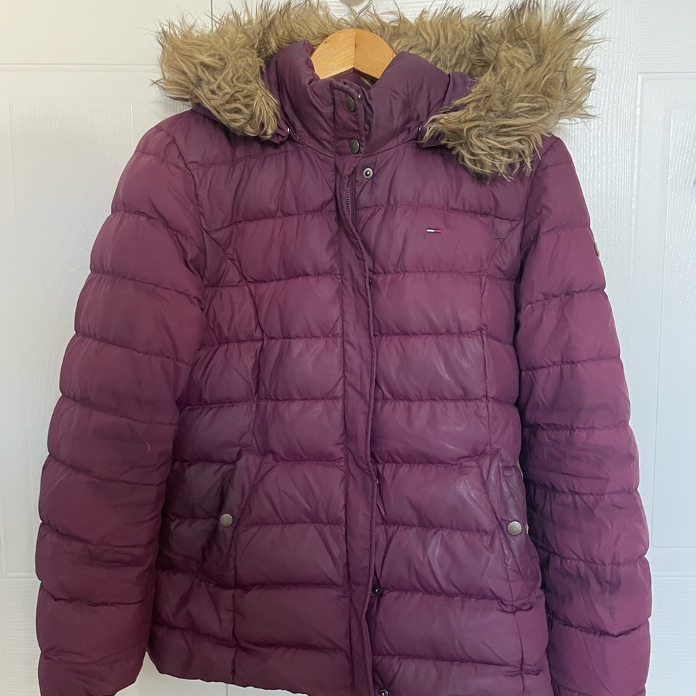 Tommy Hilfiger Women's Plum Puffer Coat with Faux Fur Hood